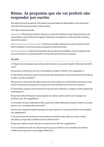 Bônus: as perguntas que ele vai preferir não responder por escrito, numeradas para mandar ao vendedor.