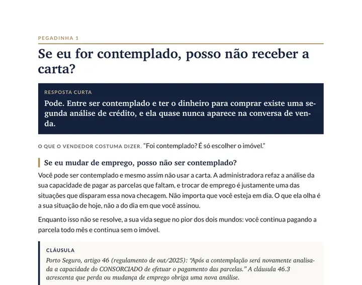 Página da cartilha com a pegadinha 1: se eu for contemplado, posso não receber a carta? Resposta curta, a frase do vendedor e a cláusula do contrato da Porto Seguro.